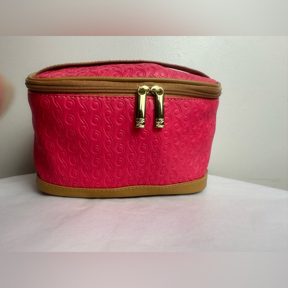 Estee Lauder Hot Pink Cosmetic Case with Tan Trim and Gold Hardware